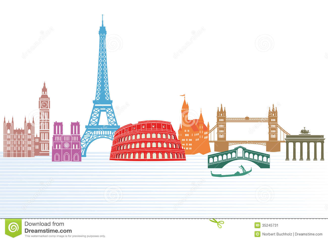 Of Landmarks From Different European Countries With White Background