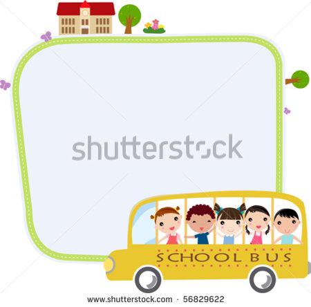 School Bus Heading To School With Happy Children And Frame   Stock