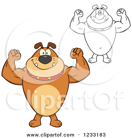 Clipart Of A Strong Brown And Outlined Bulldog Flexing His Arms    