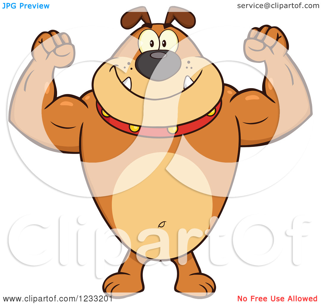 Clipart Of A Strong Brown Bulldog Flexing His Arms   Royalty Free    
