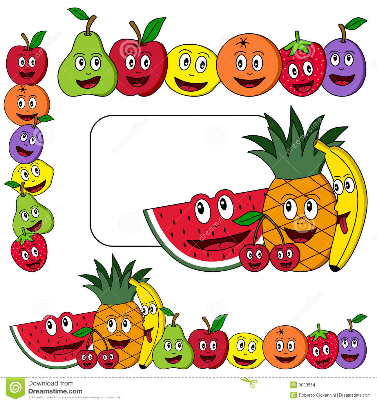 Four Different Banners With Funny Cartoon Fruits  Apple Pear Orange