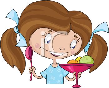 Girl With Pigtails Eating A Dish Of Ice Cream   Royalty Free Clipart