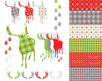 Reindeer Clipart Digital Deer Antlers Footprint  Printable Green