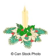 Christmas Candle With Boughs Of Holly And Poinsettia Vector