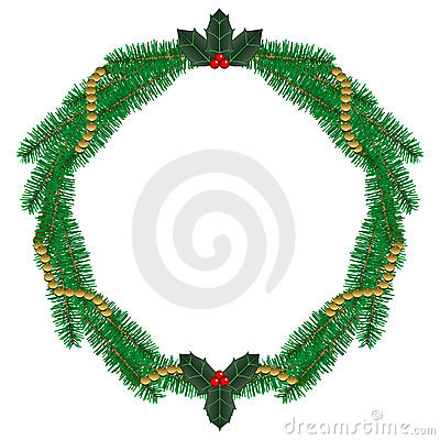 Detailed Vector Wreath Of Pine Boughs With Holly And Gold Beads