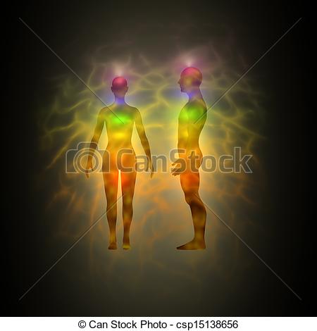 Illustration Of Human Energy Body Silhouette With Aura And Chakras
