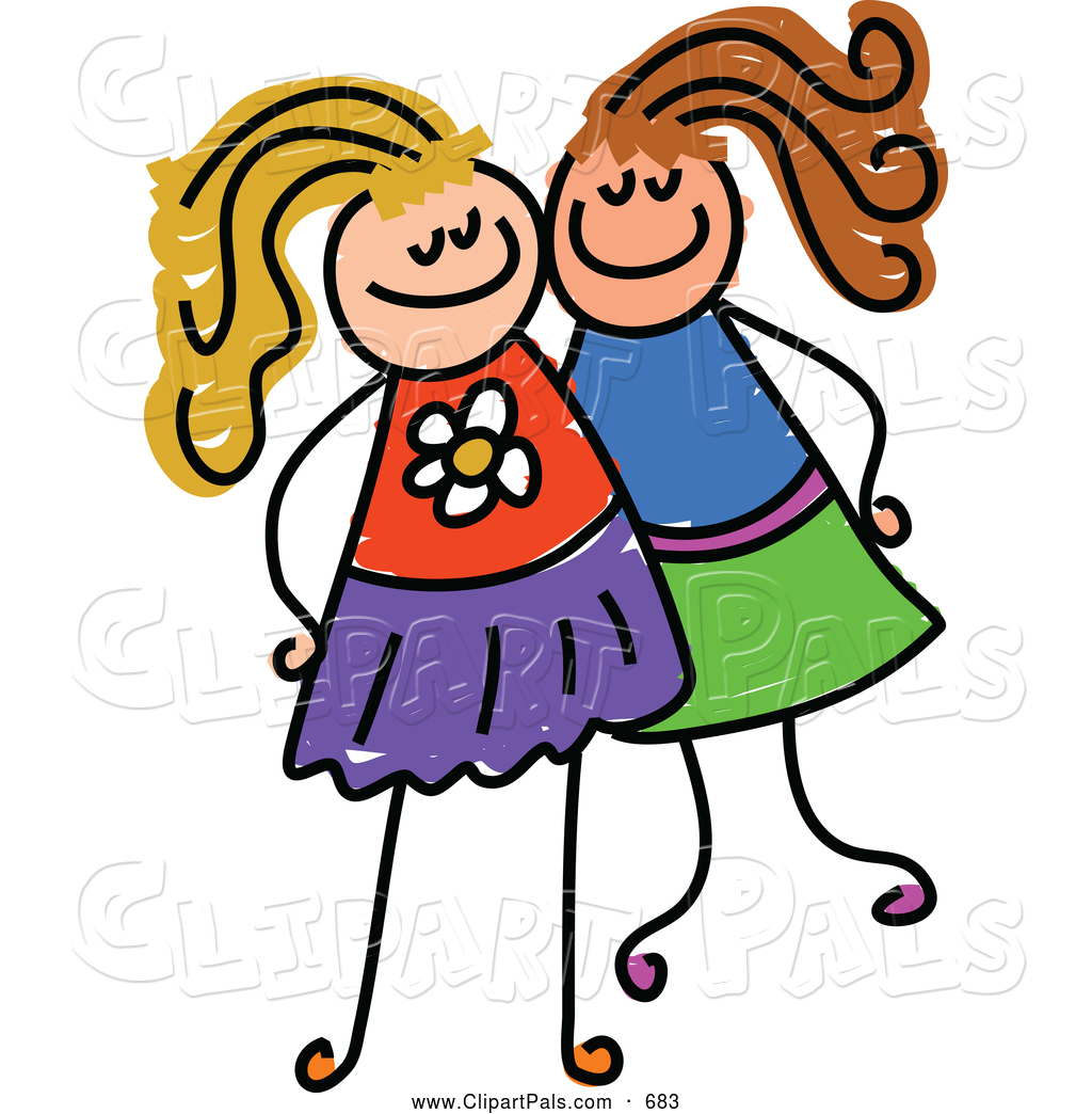 Pal Clipart Of A Childs Sketch Of Two Grinning Girls Posing Together    