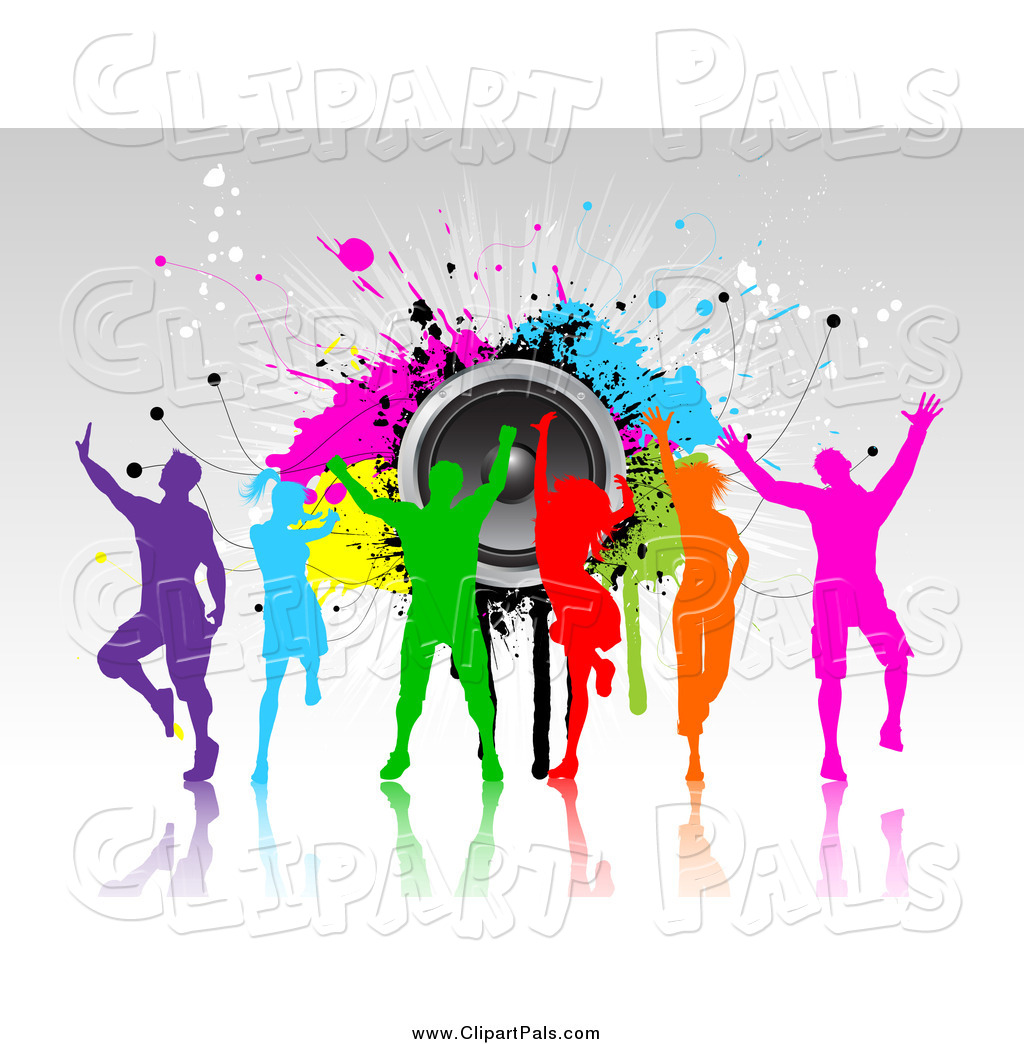 Pal Clipart Of Colorful Silhouetted Dancers Over Grunge And Speakers