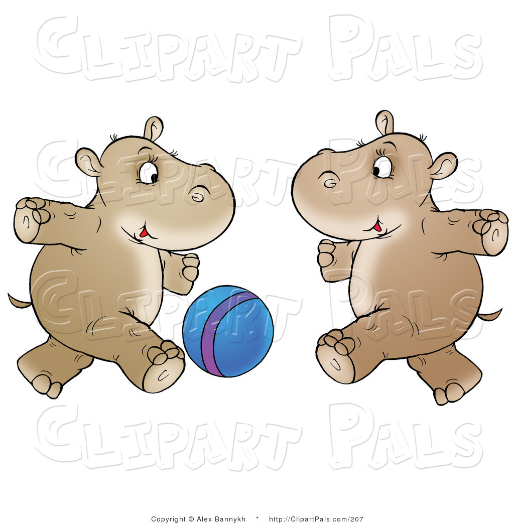 Pal Clipart Of Two Brown Hippos Running And Playing With A Blue Ball