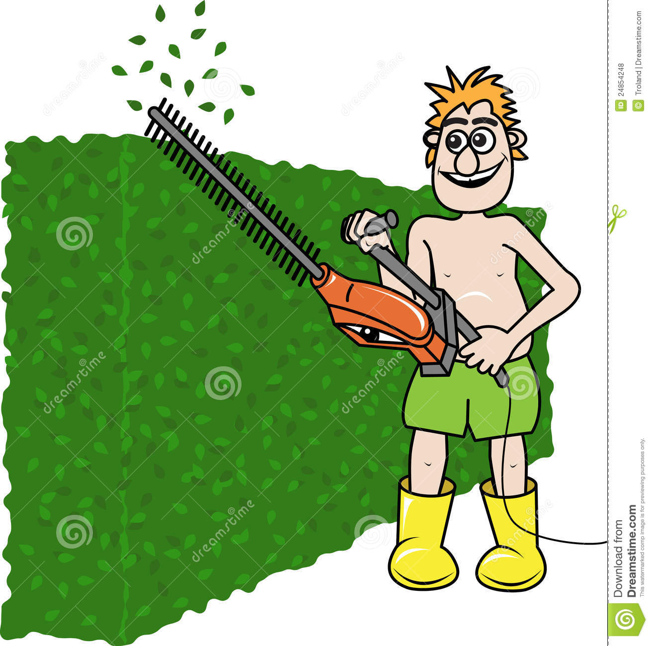     Of A Happy Man Clipping The Hedge With A Red Hedge Trimmer