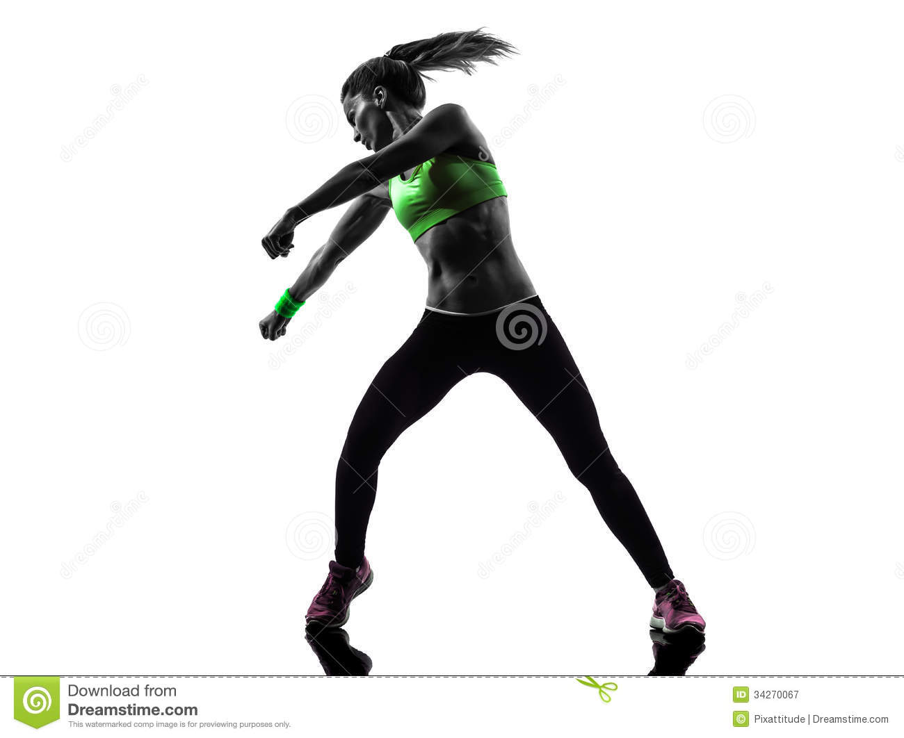 One Caucasian Woman Exercising Fitness Zumba Dancing In Silhouette On    