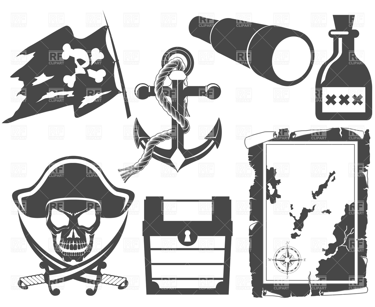 Pirate Black And White Icon Set With Jolly Roger 4854 Silhouettes