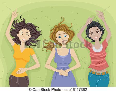 Vector   Teenage Girls Lying On Grass   Stock Illustration Royalty