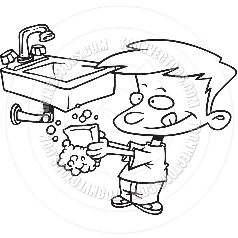 Cartoon Boy Washing His Hands  Black And White Line Art  By Ron