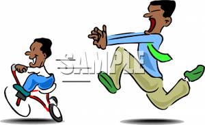 Man Chasing His Toddler On A Tricycle   Royalty Free Clipart Picture