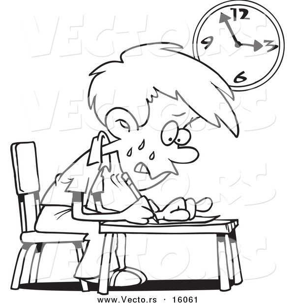 Stressed School Boy Taking An Exam   Outlined Coloring Page Drawing