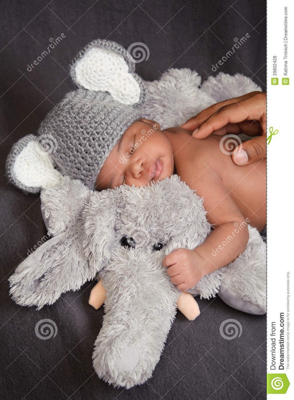 Thirteen Day Old Newborn Baby Boy In A Grey Crocheted Elephant Hat    