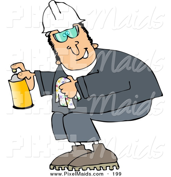Clipart Of A Happy Worker Man Crouching And Spraying A Cleaner From A    