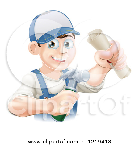 Clipart Of A Happy Worker Man Wearing A Hat And Holding A Hammer And    
