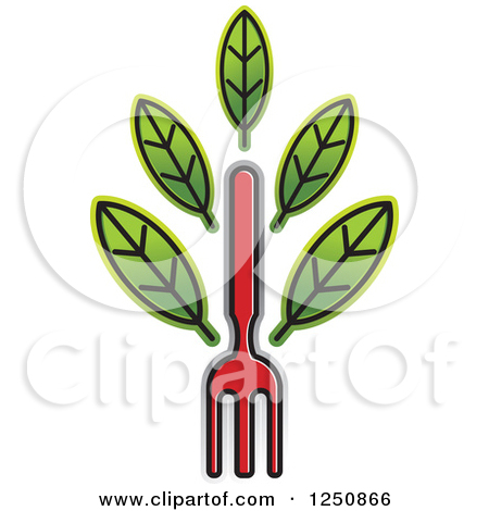 Clipart Of A Red Fork With Leaves   Royalty Free Vector Illustration