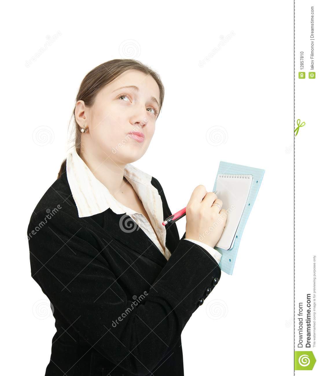 Female Manager Writing Something On A Notebook Isolated Against A