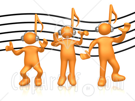 19753 Clipart Graphic Of A Group Of Three Orange People With Music