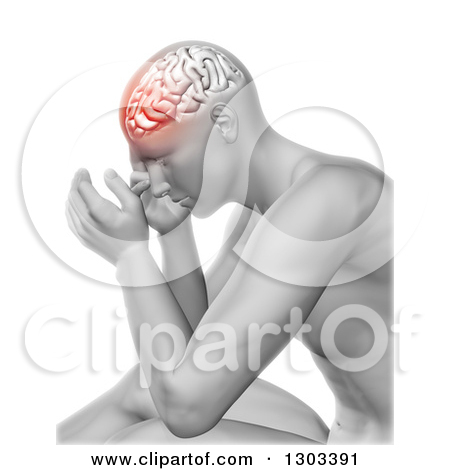 3d Anatomical Man With A Visible Brain And Red Head Pain Over White