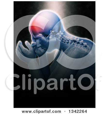 3d Xray Anatomical Man With Visible Spine And Head Pain Over Black