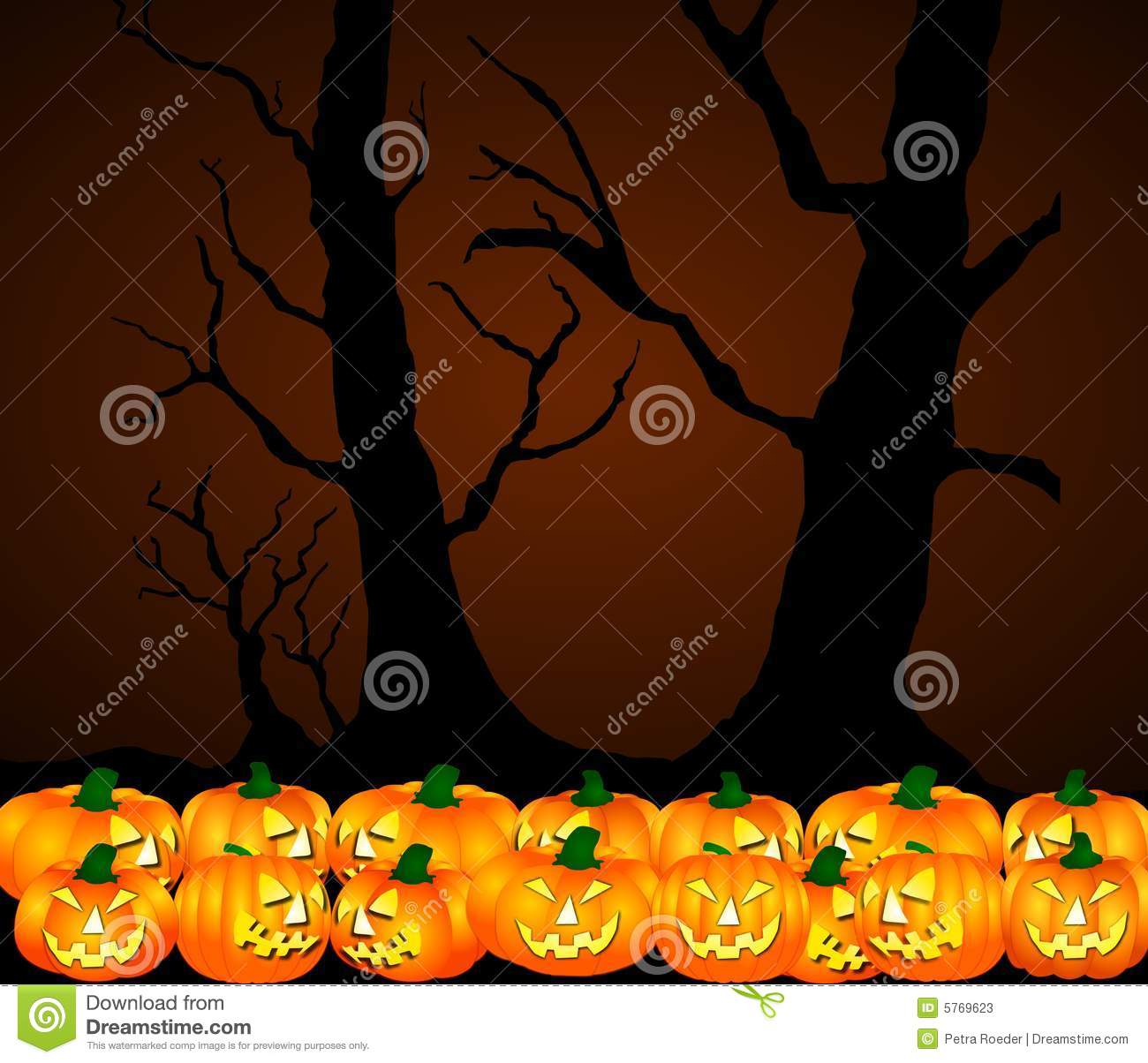 An Illustrated Halloween Background With Pumpkins And Trees At Night