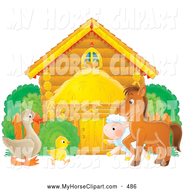 Clip Art Of A Barn With Animals Outside  Goose Chicken Lamb And Pony
