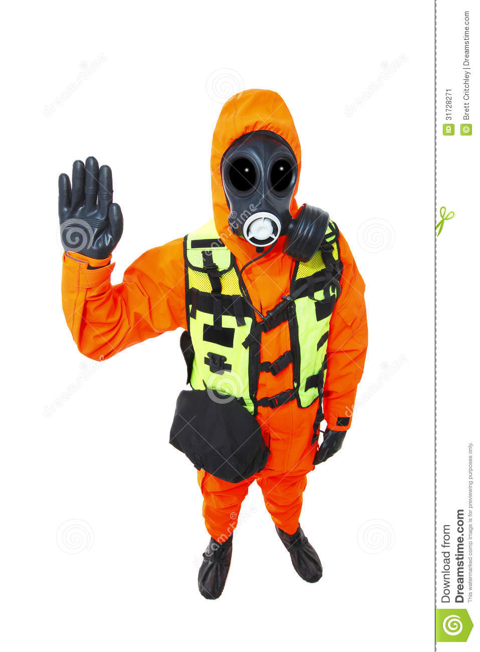 Full Body Hazmat Suit With Gas Mask With A Stop Hand Signal On White