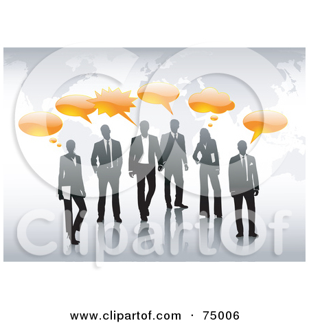 Group Of Business People Over An Atlas With Orange Word Balloons