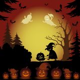 Halloween Landscape Ghosts Pumpkins And Witch Stock Images
