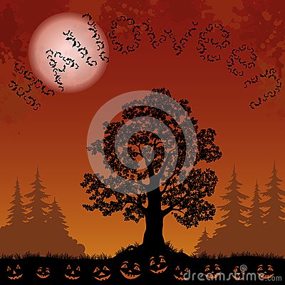 Halloween Landscape With Bats Trees And Pumpkins Stock Vector   Image