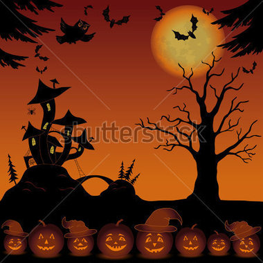 Holiday Halloween Landscape With Pumpkins Jack O Lantern Trees And