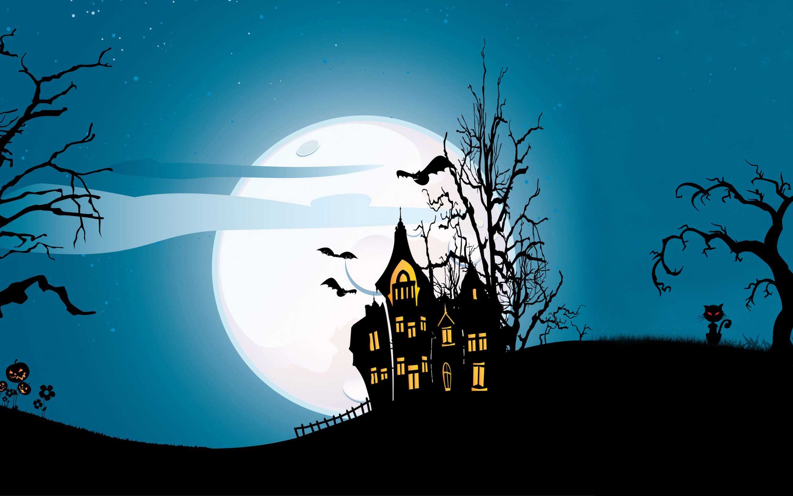Holidays Halloween Trees Castle Creepy Full Moon Bats Pumpkins Cat