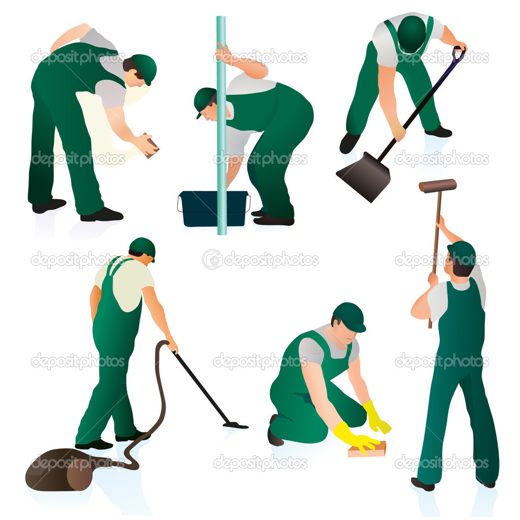 Set Of Six Professional Cleaners In Green Uniform   Stock Vector    