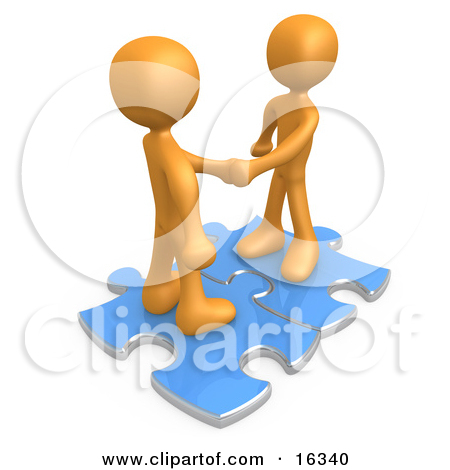 Two Orange People Shaking Hands While Standing On Connected Blue