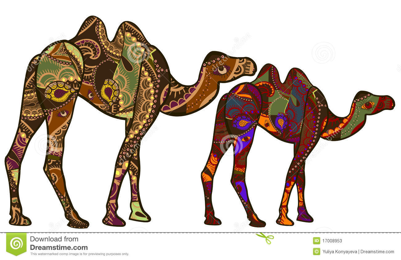 Camels In The Ethnic Style Of The Various Elements On A White    