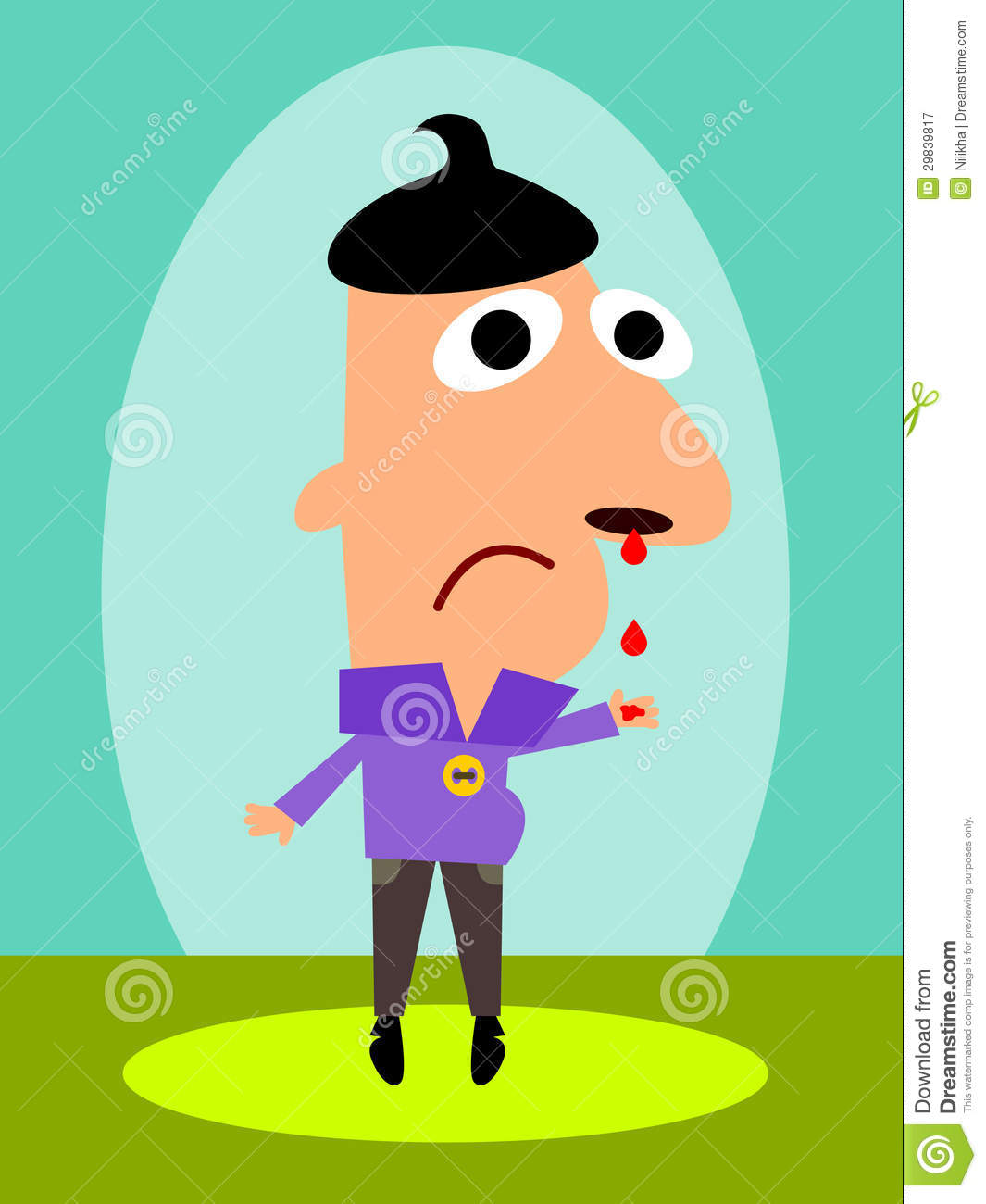 Cartoon Illustration Of A Sad Looking Man With A Bleeding Nose