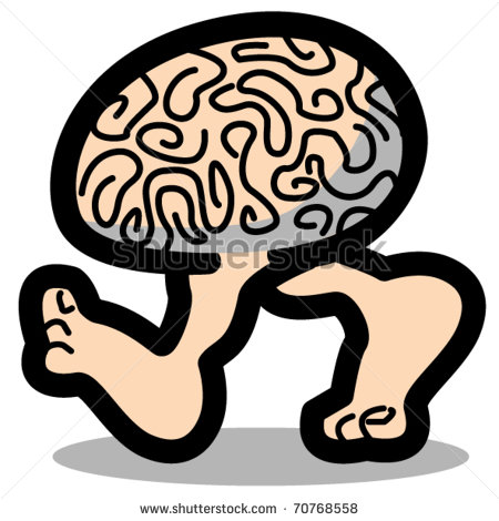 Funny Cartoon Brain Walking Or Running On Two Legs Showing Bare Feet