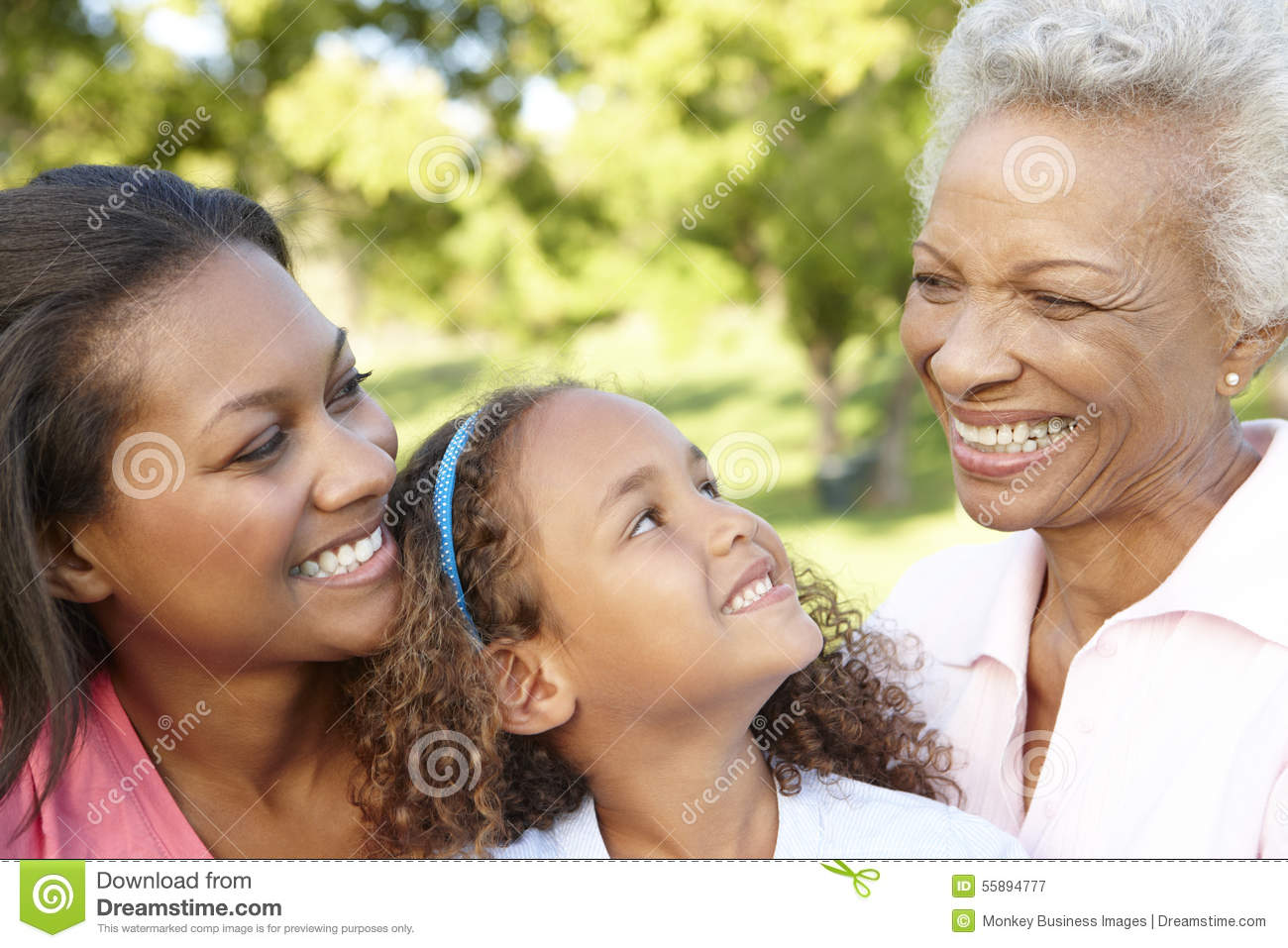 African American Grandmother Mother And Daughter Relaxing In Park