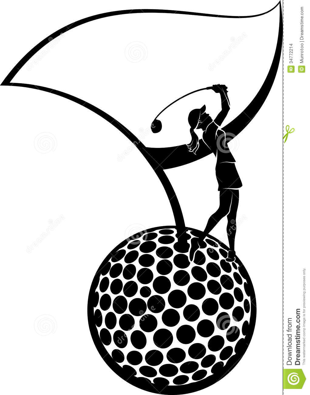 Black And White Vector Illustration Of A Young Woman Golfer On A Golf