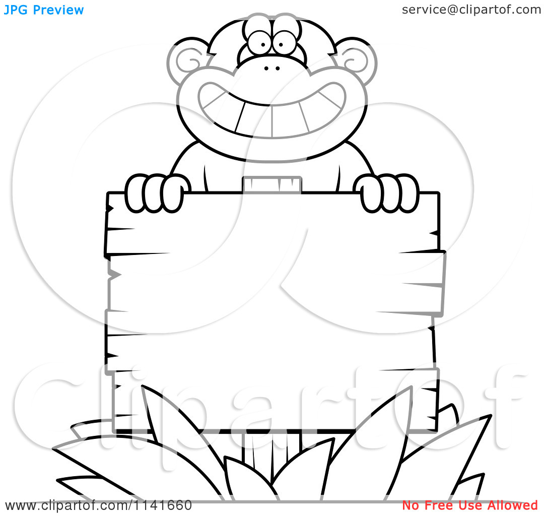Cartoon Clipart Of A Black And White Chimpanzee Behind A Wooden Sign