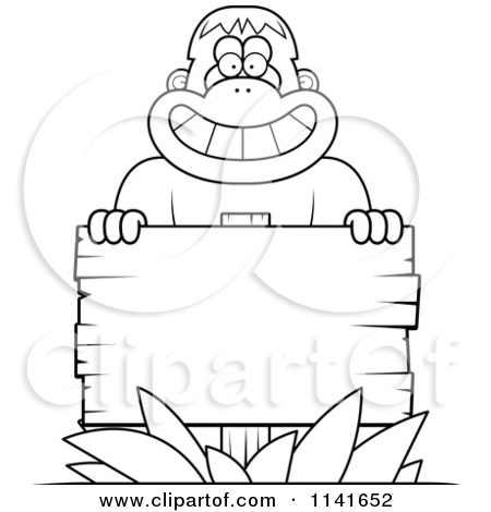 Clipart Of A Black And White Bigfoot Sasquatch With A Wooden Sign