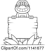 Clipart Of A Black And White Gibbon Monkey Behind A Wooden Sign