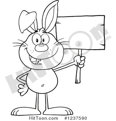 Clipart Of A Black And White Happy Rabbit Holding A Wooden Sign