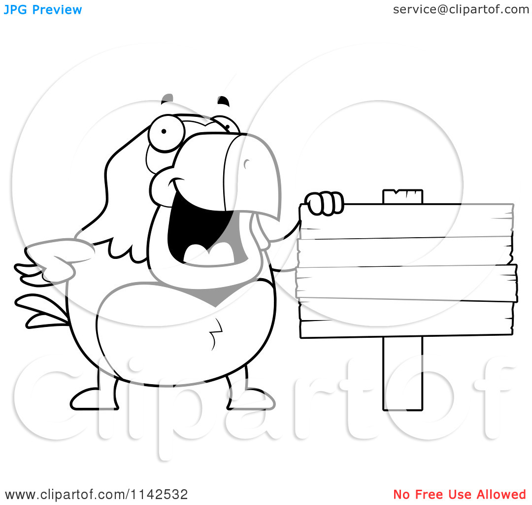 Clipart Of A Black And White Parrot Standing By A Blank Wooden Sign