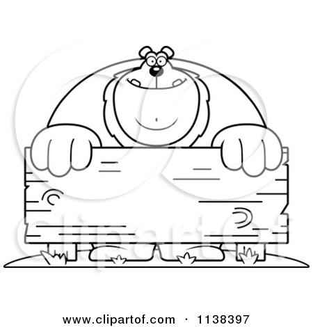 Clipart Of An Outlined Buff Lion Behind A Wooden Sign Black And White
