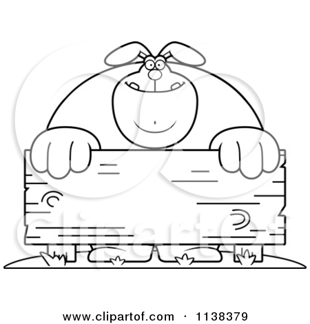 Clipart Of An Outlined Buff Rabbit Behind A Wooden Sign   Black